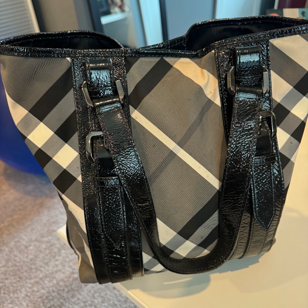 Burberry Lowry Convertible Patent Leather Plaid Beat Check Shoulder Bag Tote